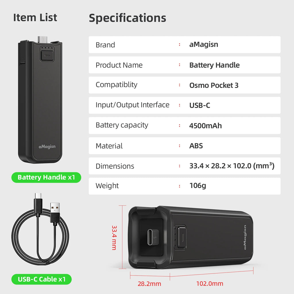 aMagisn Portable Battery Handle for DJI Pocket 3/4/4P - 4500mAh Power Bank Charger