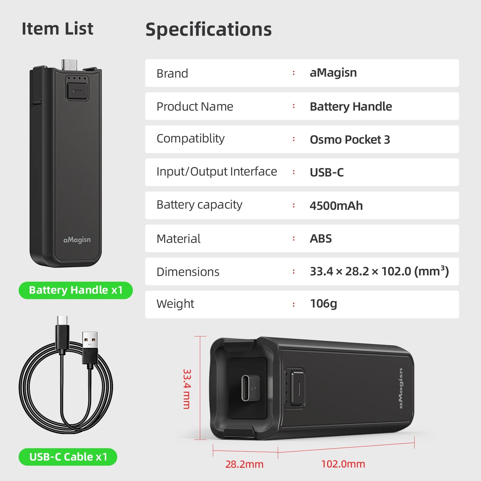 aMagisn Portable Battery Handle for DJI Pocket 3/4/4P - 4500mAh Power Bank Charger