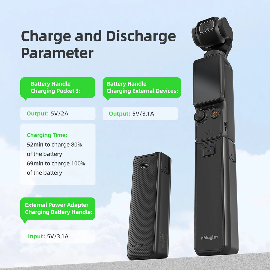 aMagisn Portable Battery Handle for DJI Pocket 3/4/4P - 4500mAh Power Bank Charger
