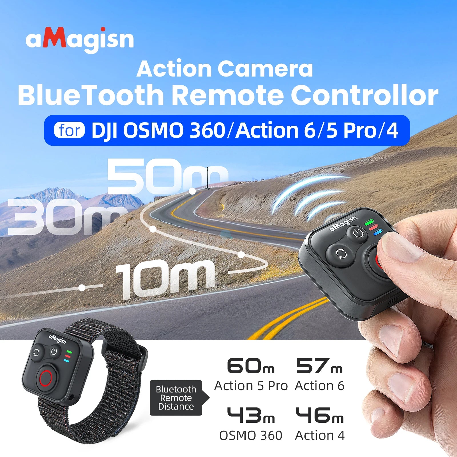 aMagisn Bluetooth Remote Control for DJI Osmo 360/Action 6/5 Pro/4 - 50M Range IPX4