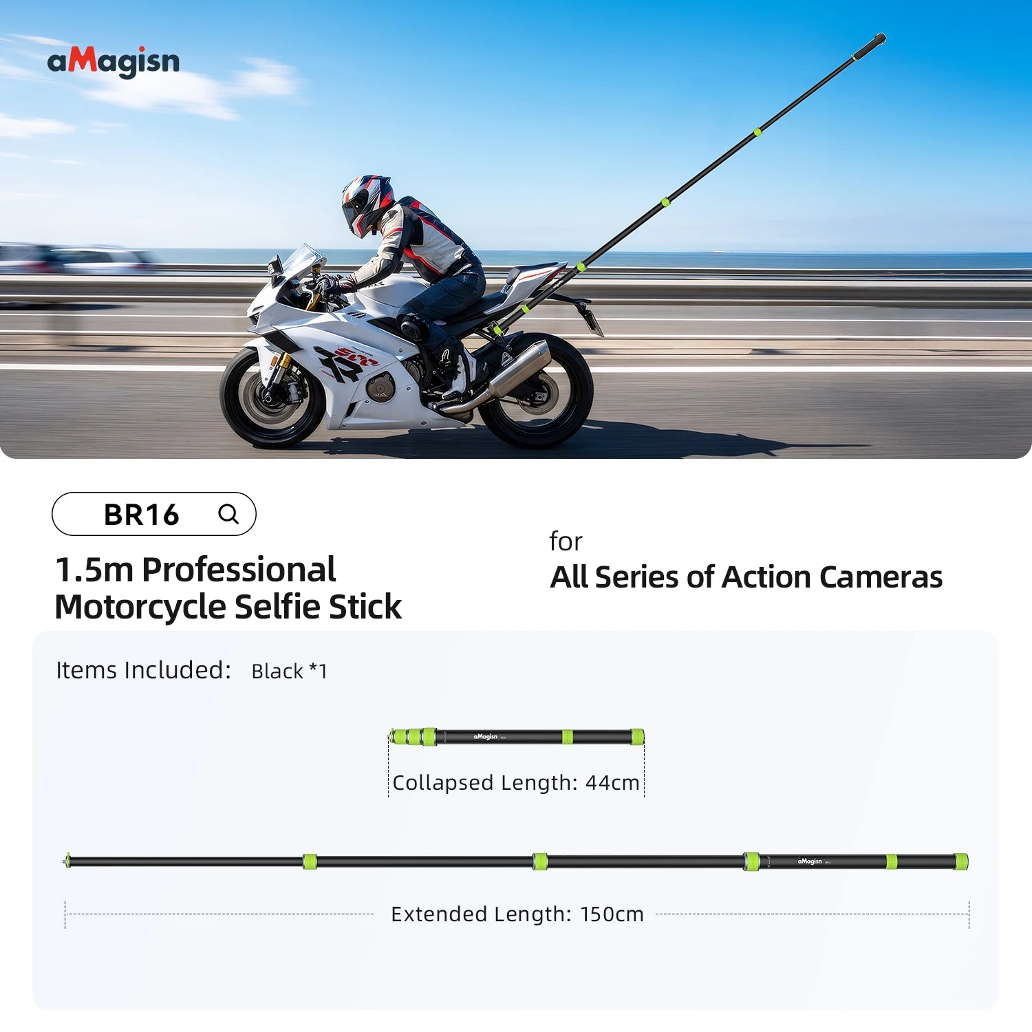 aMagisn 1.5m / 1.1m Motorcycle Selfie Stick 1/4” Threaded Metal Telescopic Pole for GoPro DJI Insta360 X6 X5 X4 Air Accessories