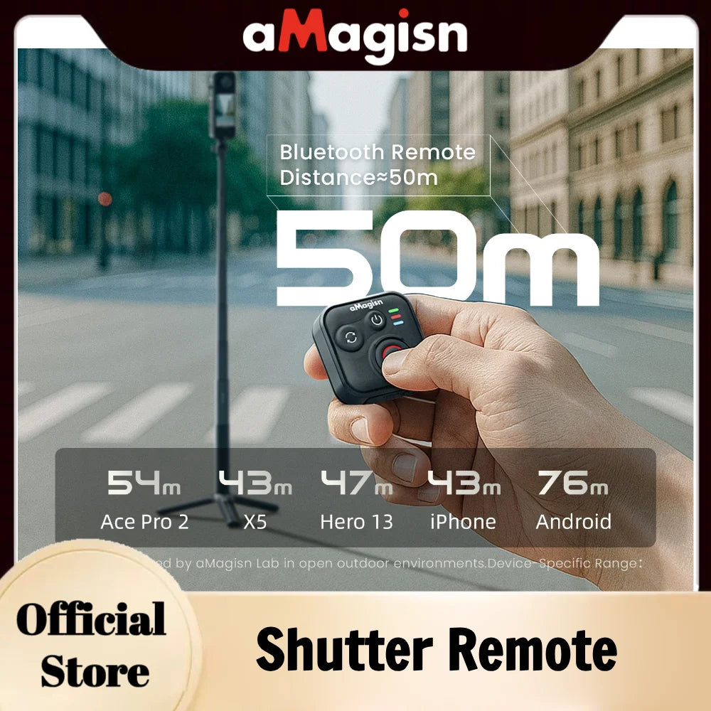 aMagisn 50M Bluetooth Remote Control for Insta360 X5 / X4 Air / Ace Pro 2 Gopro Hero 13 12 Camera iOS Android Shutter Controller
