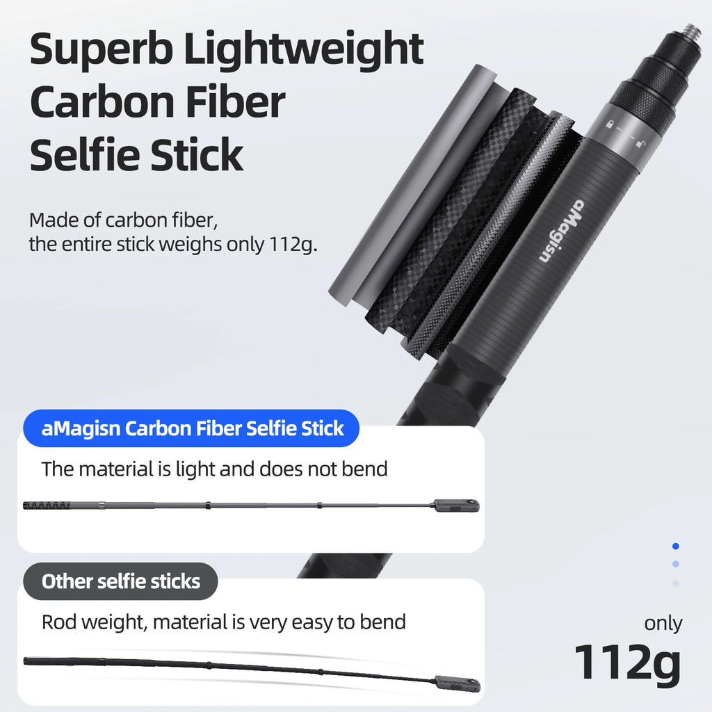 aMagisn 1.2m Carbon Fiber Invisible Selfie Stick for 360° Cameras – GoPro Max, Insta360 X3/X4/X5, DJI Osmo