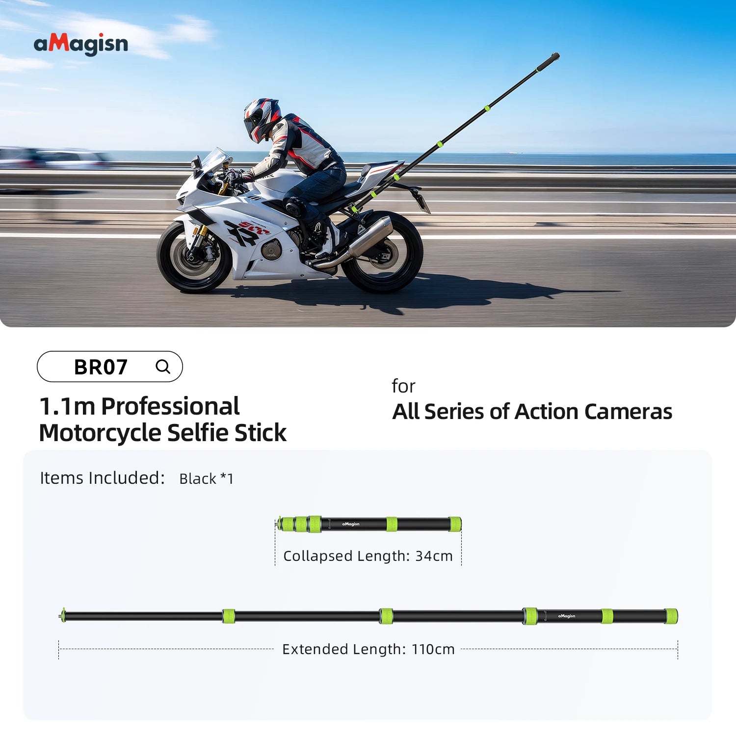 aMagisn 1.5m / 1.1m Motorcycle Selfie Stick 1/4” Threaded Metal Telescopic Pole for GoPro DJI Insta360 X6 X5 X4 Air Accessories