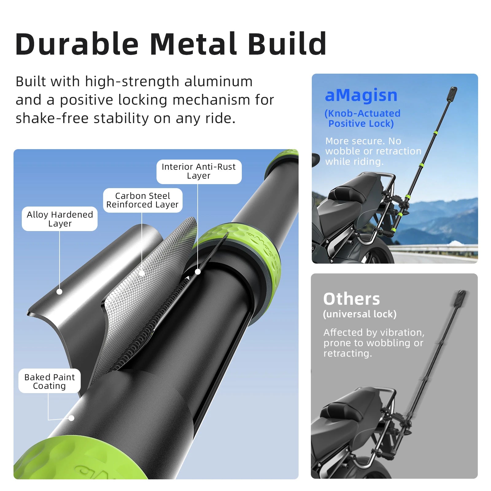 aMagisn 1.5m / 1.1m Motorcycle Selfie Stick 1/4” Threaded Metal Telescopic Pole for GoPro DJI Insta360 X6 X5 X4 Air Accessories