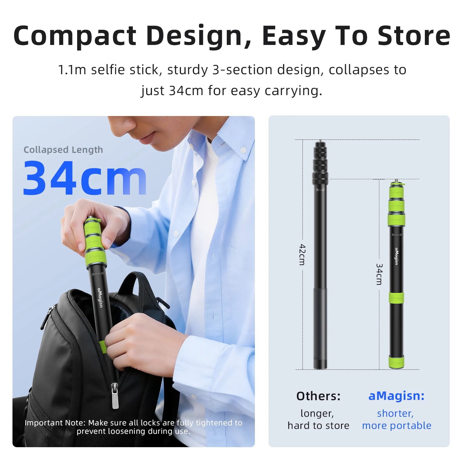 aMagisn 1.5m / 1.1m Motorcycle Selfie Stick 1/4” Threaded Metal Telescopic Pole for GoPro DJI Insta360 X6 X5 X4 Air Accessories
