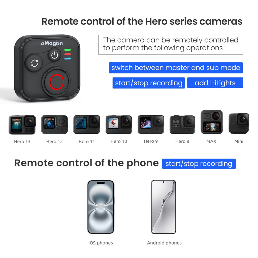 aMagisn 50M Bluetooth Remote Control for Insta360 X5 / X4 Air / Ace Pro 2 Gopro Hero 13 12 Camera iOS Android Shutter Controller