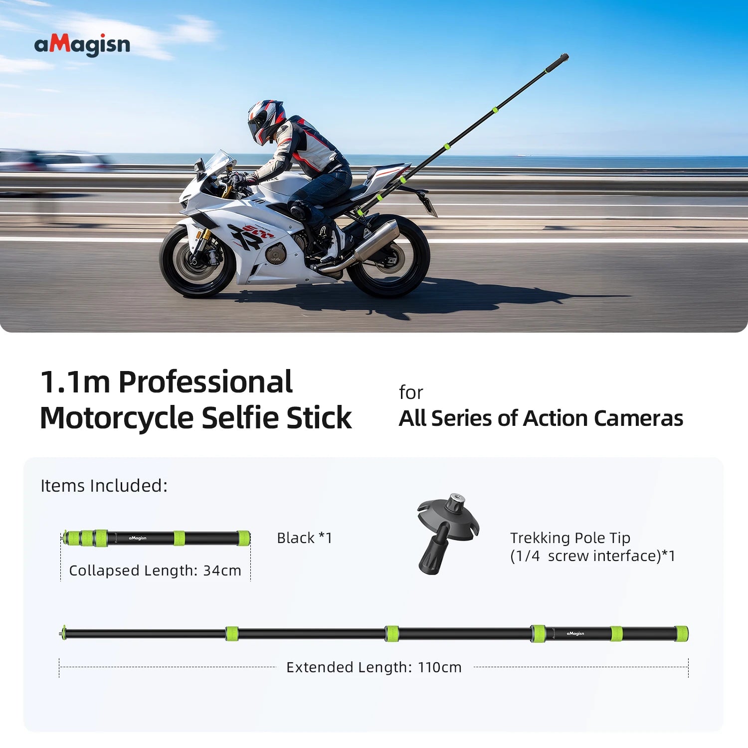 aMagisn 1.5m / 1.1m Motorcycle Selfie Stick 1/4” Threaded Metal Telescopic Pole for GoPro DJI Insta360 X6 X5 X4 Air Accessories