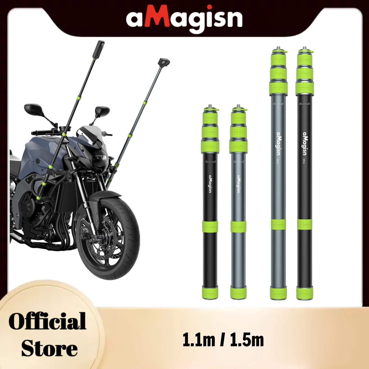 aMagisn 1.5m / 1.1m Motorcycle Selfie Stick 1/4” Threaded Metal Telescopic Pole for GoPro DJI Insta360 X6 X5 X4 Air Accessories