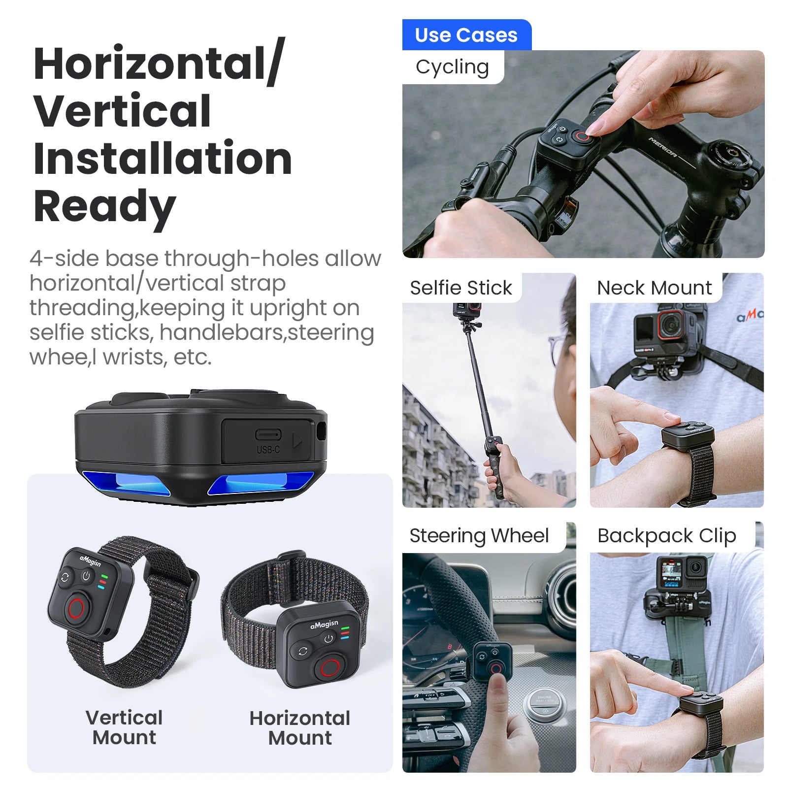 aMagisn 50M Bluetooth Remote Control for Insta360 X5 / X4 Air / Ace Pro 2 Gopro Hero 13 12 Camera iOS Android Shutter Controller