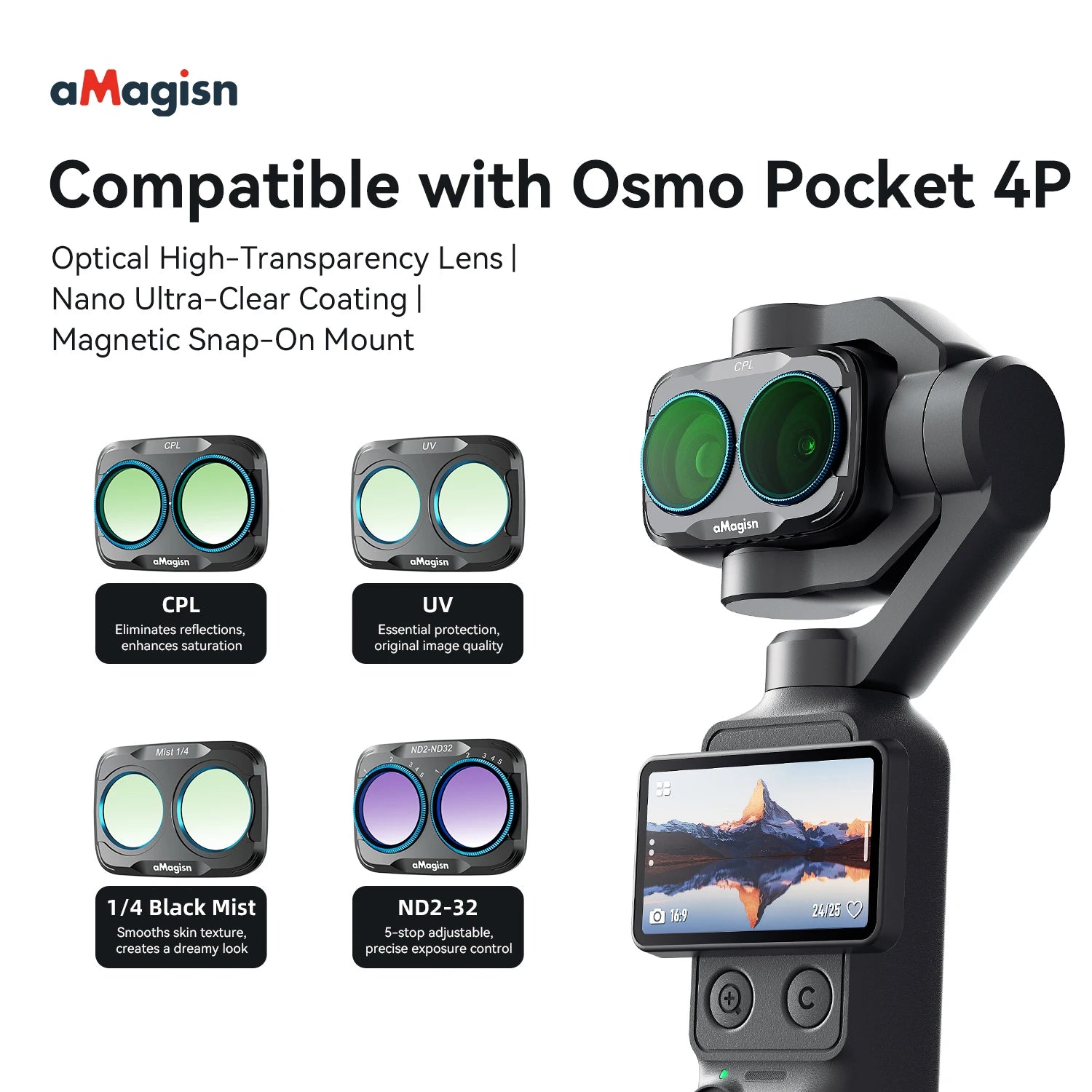 aMagisn Lens Filters for DJI Osmo Pocket 4P - CPL ND UV Star Mist Magnetic Snap-On