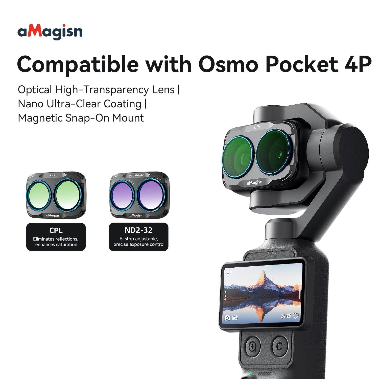 aMagisn Lens Filters for DJI Osmo Pocket 4P - CPL ND UV Star Mist Magnetic Snap-On
