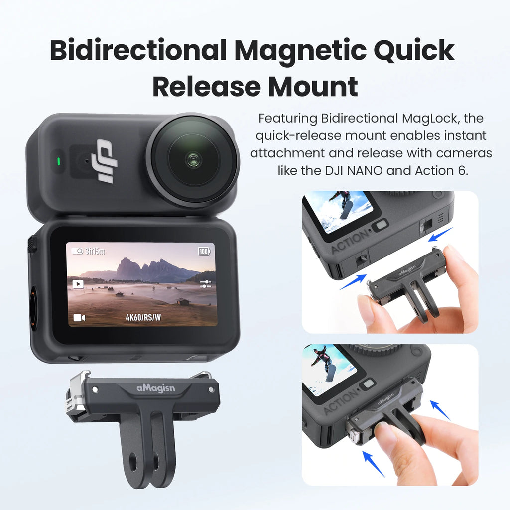 aMagisn Dual-Direction Quick-Release Mount Plastic Adapter with Stainless Steel Claws for DJI Osmo Nano / Action 6 Accessories