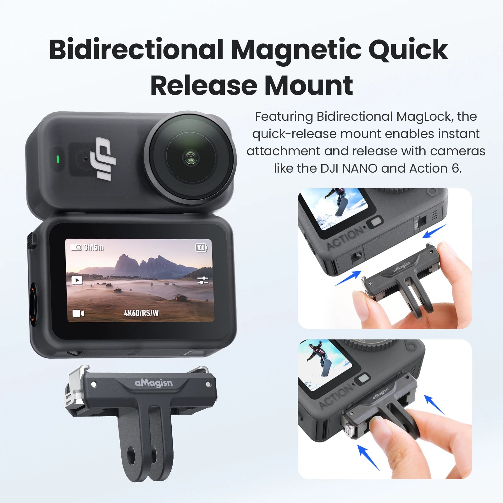 aMagisn Dual-Direction Quick-Release Mount Plastic Adapter with Stainless Steel Claws for DJI Osmo Nano / Action 6 Accessories