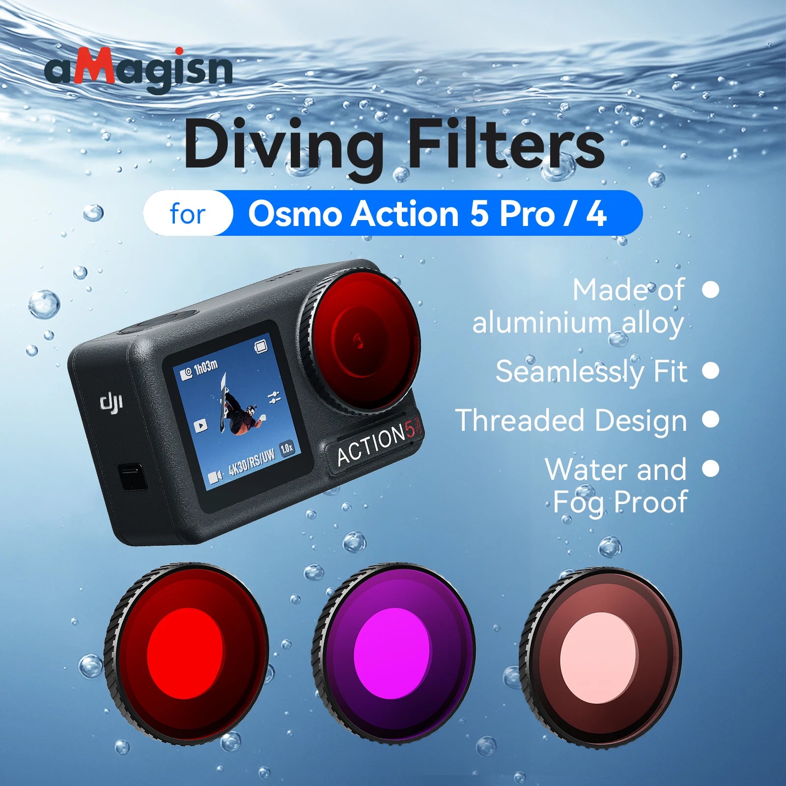 aMagisn Dive Filter Underwater Color Correction Filter Red / Pink / Purple Lens Filters for DJI Osmo Action 4 5 Pro Accessories