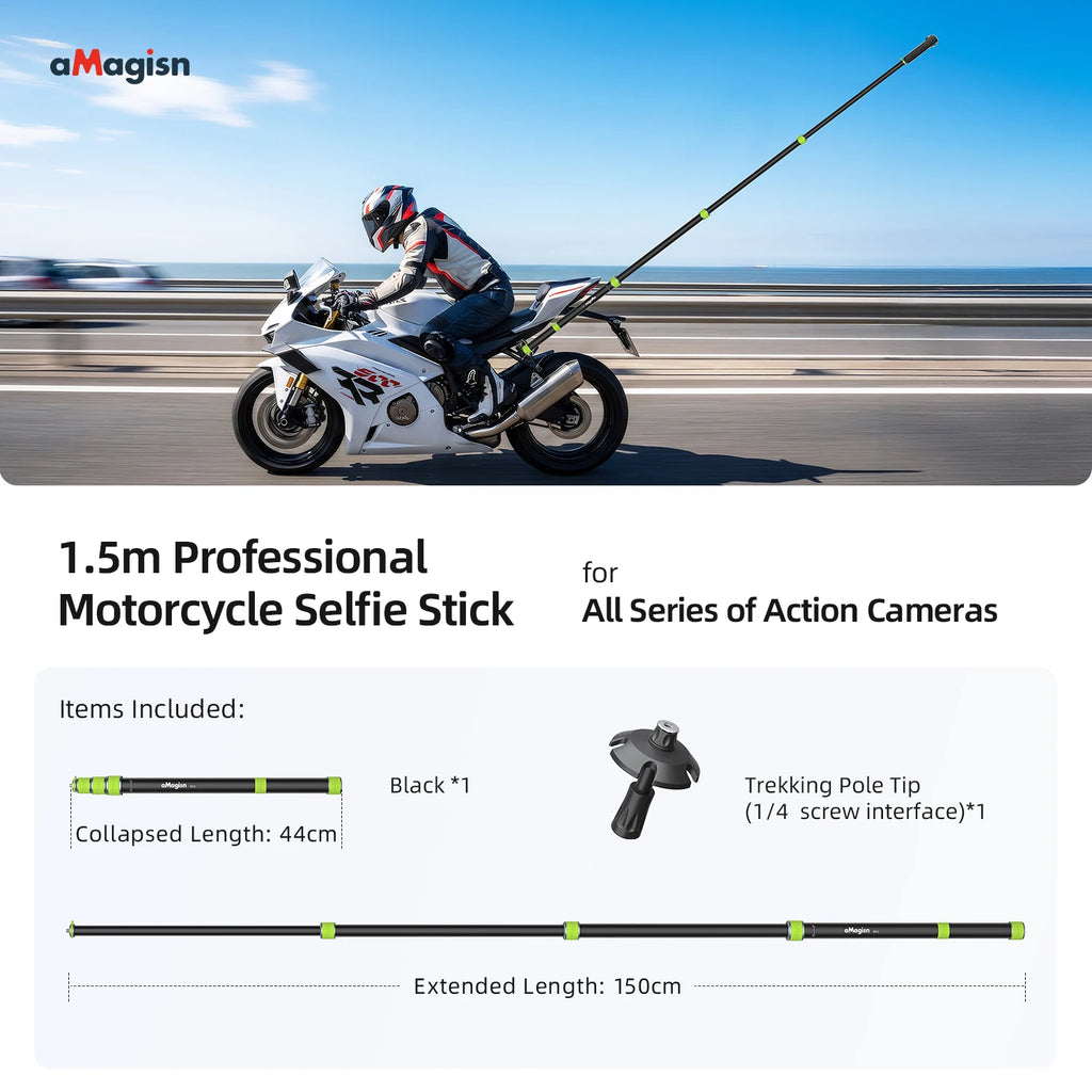 aMagisn 1.5m / 1.1m Motorcycle Selfie Stick 1/4” Threaded Metal Telescopic Pole for GoPro DJI Insta360 X6 X5 X4 Air Accessories