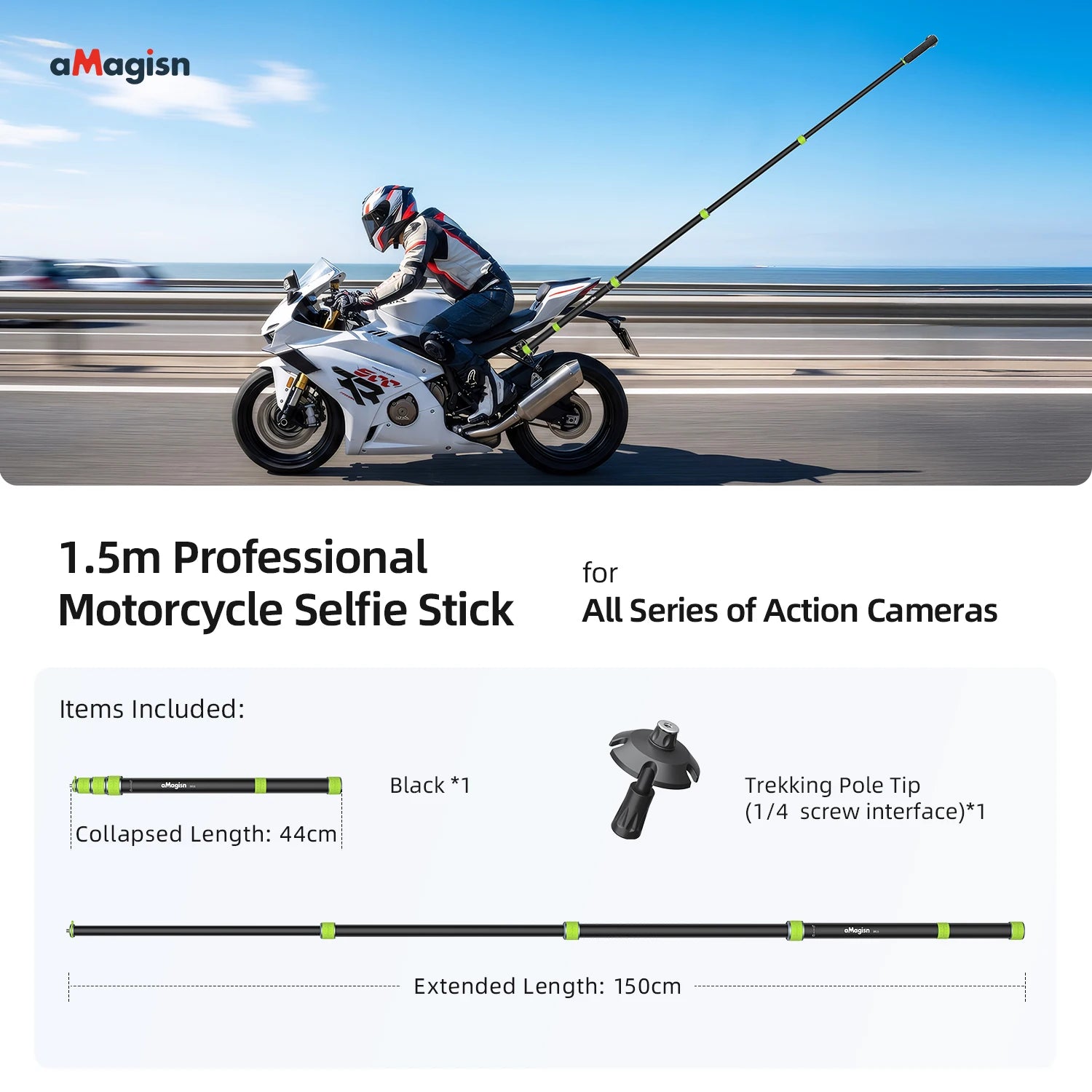 aMagisn 1.5m / 1.1m Motorcycle Selfie Stick 1/4” Threaded Metal Telescopic Pole for GoPro DJI Insta360 X6 X5 X4 Air Accessories