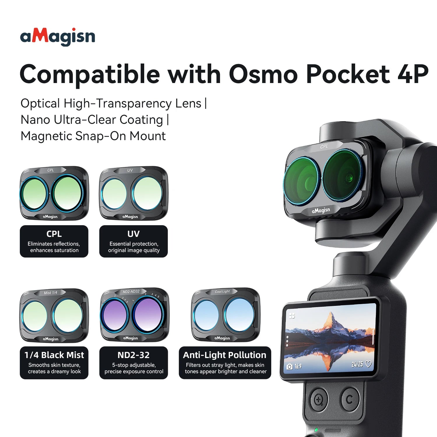 aMagisn Lens Filters for DJI Osmo Pocket 4P - CPL ND UV Star Mist Magnetic Snap-On