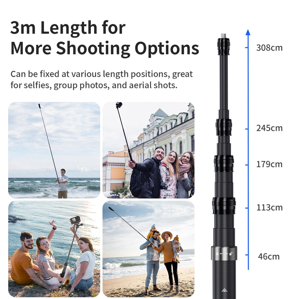 碳纤维隐形自拍杆 3 米 适用于 GoPro Max DJI 360 Insta360 X3 X4 Air X5